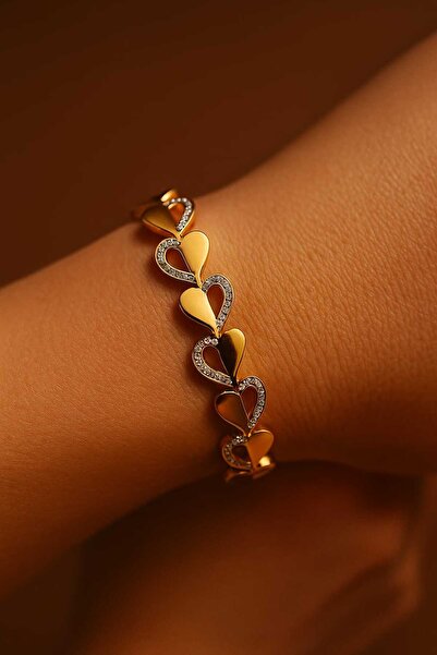 Kadın, Luxury Gold & Gümüş - Kalp Detaylı Paslanmaz Çelik Bileklik