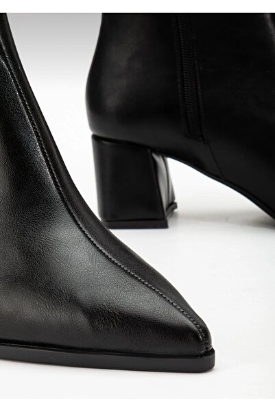 cevaplus Black Leather Pointed Toe Women's Heeled Boots