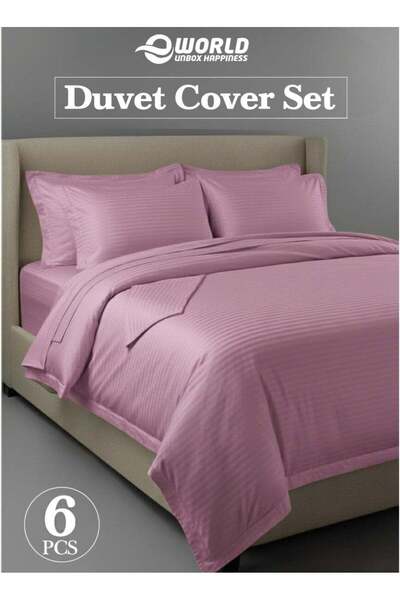 Eworld Premium Striped Duvet Set All Season – 6-Piece Pink King 220x240 cm