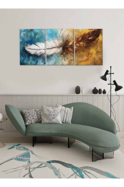 LOWHA Set of 3 Canvas Wall Art Stretched Over Wooden Frame with Colourful Feather Abstract Design