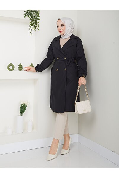 Zenyamoda معطف نسائي طويل بأكمام مطاطية سوداء