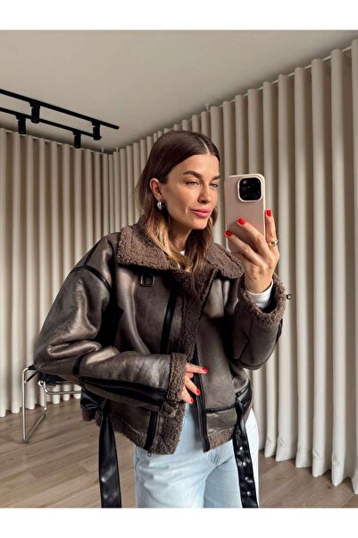 Sue Store Mink Black Belt Detailed Fur Lined O Oversized Leather Coat