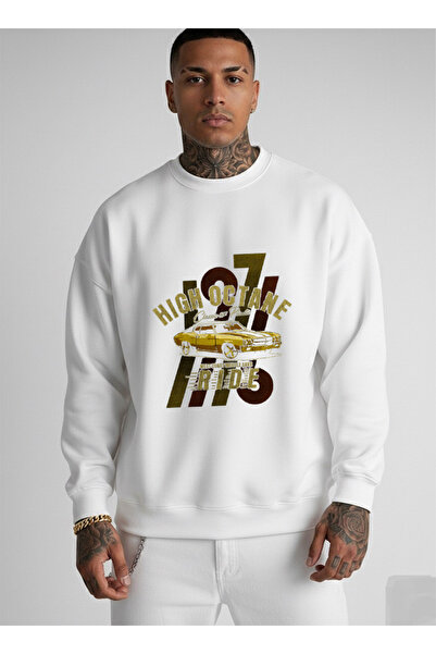 LORVEX Swea tricou alb cu guler rotund supradimensionat, imprimeu High Octane