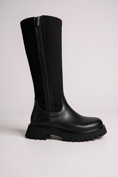 VeliKundura Adjustable Stretch Zippered Thick Sole Black Women's Boots