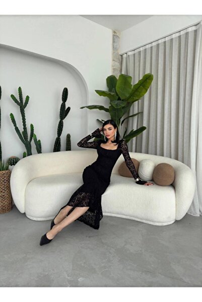 mafdress Women's Lace Detail Black Square Neck Lined Long Evening Dress