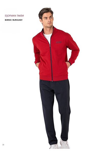 Pierre Cardin Men's Mock Neck Zippered Pocket Burgundy Tracksuit Set