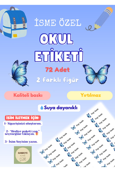 Handeto Kraft 72 Adet Mavi Kelebek Kişiye Özel Okul Etiketi İsim Yazılabilen ...