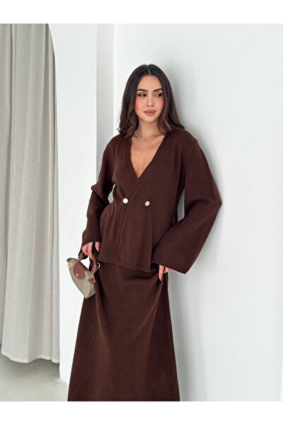 bobitex طقم تريكو ناعم الملمس مكون من بأزرار على الجهتين قطع مع تنورة