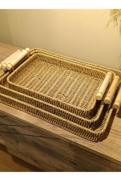 Paganca Wicker Rattan Presentation Tray 3-Piece Organizer Rectangular with Bamboo Handles