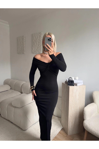 Zora Butik Büzgülü Madonna Yaka Elbise - SİYAH