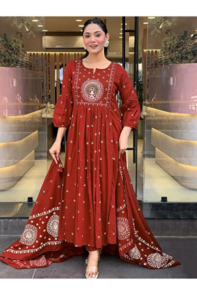 MYSMAR Maroon Viscose Rayon Salwar Kameez Dupatta - ALV2061 | Maroon