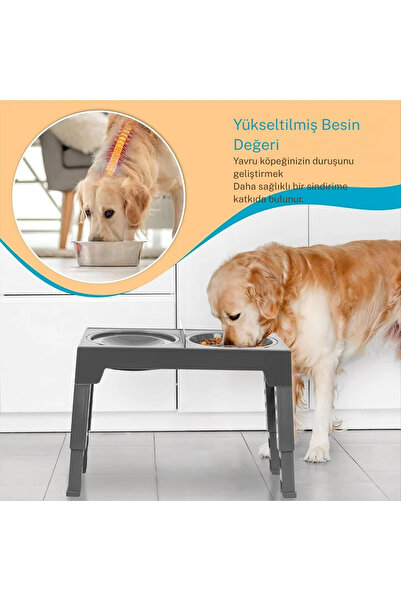 YENİTECH Ayarlanabilir Yükseltilebilir Köpek Kedi Mama Kabı Yavaş Yeme ve Sıçrama Önleyici Su Kabı 2’li Set