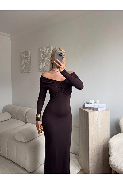 Zora Butik Büzgülü Madonna Yaka Elbise - KAHVE