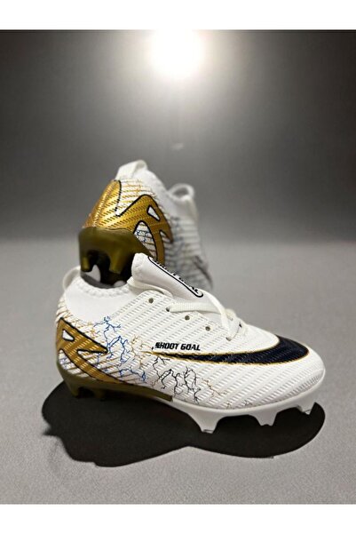 sinmm Boys' Football Cleats with Socks, Carpet Field Gear, Soccer Sports Shoes (White-Gold Color) Filet-Garson