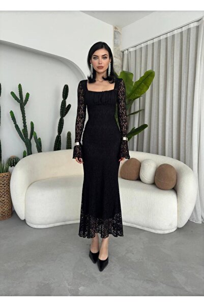 mafdress Women's Lace Detail Black Square Neck Lined Long Evening Dress