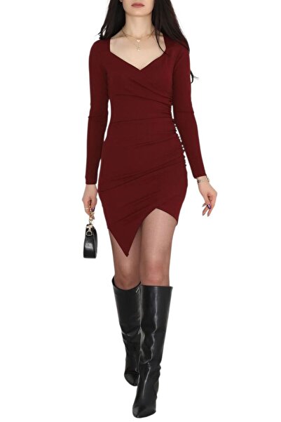 ysrozrgyim Asymmetrical Imported Crepe Dress Burgundy