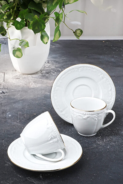 Porselen Diyarı Seren Embossed Pattern Gold Gilded 2-Person Coffee Cup Set