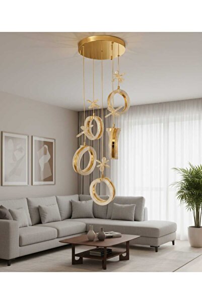 Marsel Lighting ALYA 5Lİ GOLD AVİZE SALON OTUMA ODASI AVİZE 3 RENK LED SECENEKLİ