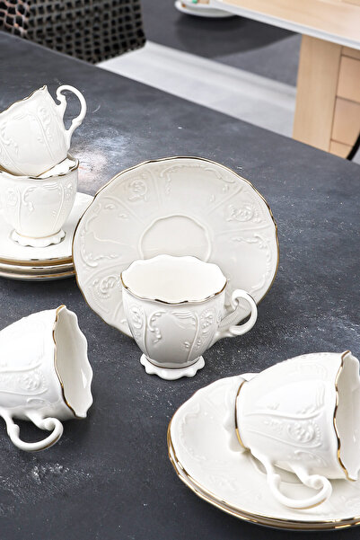 Porselen Diyarı Amara Embossed Pattern Gold Gilded 6-Piece Coffee Cup Set