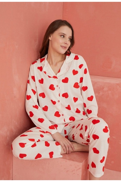 MAYA LİNGERİE Heart Patterned Shirt Collar Pajama Set Milan