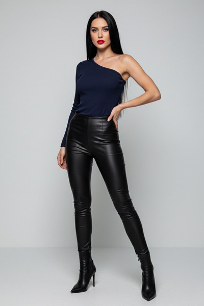 evolise Navy Blue One Shoulder Long Sleeve Ribbed Knit Women's Blouse