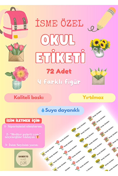 Handeto Kraft 72 Adet Renkli Çiçekler Kişiye Özel Okul Etiketi İsim Yazılabil...