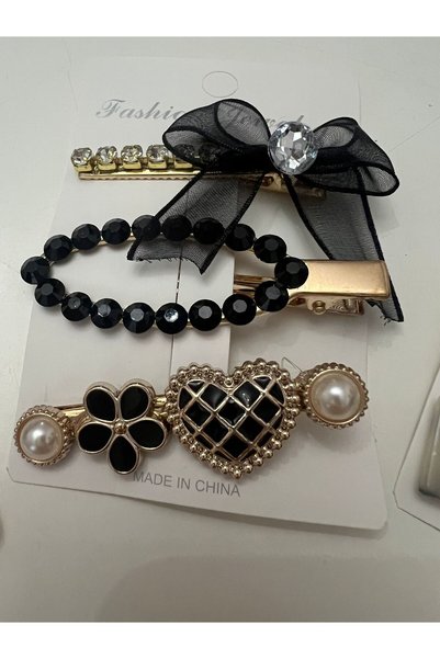 bettin tasarım 3-Piece Black Stone Pearl Detailed Bow and Heart Design Women's Hair Clip Set Hair Accessory Combination (6 cm)