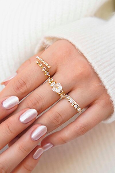 TREND COLLECTİON Gold İnci ve Çiçek Taş Detaylı 3’lü Kadın Vip Yüzük Seti