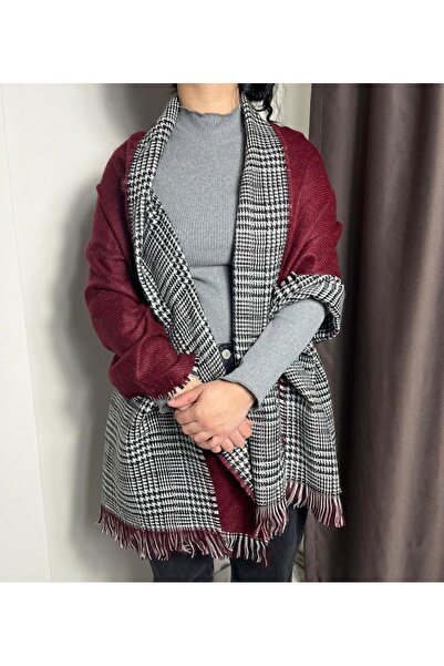 Sobe Hediyelik Burgundy Wool Shawl – Double-Sided Plaid Pattern Thick Winter Shawl