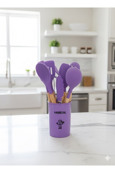 Kristal مجموعة ملاعق مكونة من 12 قطعة بمقبض من الخيزران من السيليكون المقاوم ...