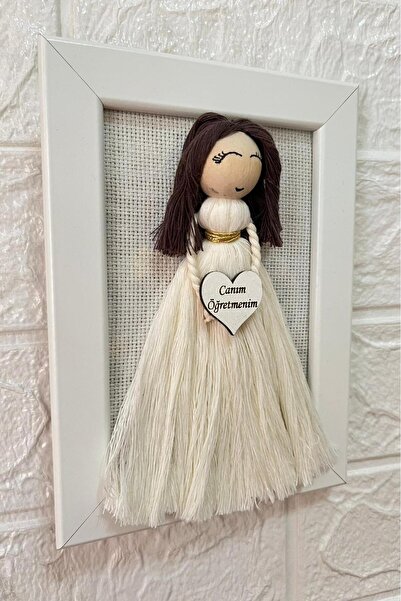 VUUKU Çerçeveli Makrome Beyaz Melek Pano El Yapımı %100 Pamuk İplikten Öğretm...