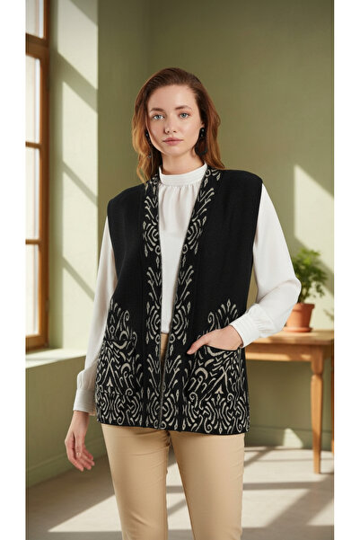 Uludağ Triko Jakar Pattern Black Cream Knitwear Vest + Shawl Gift