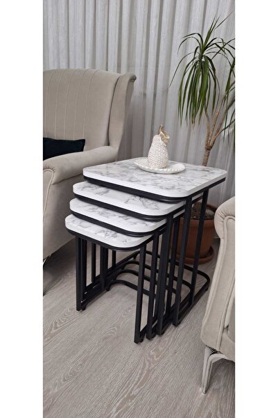 Öz Pazarcım 4’lü Modern Zigon Sehpa Seti | Beyaz Mermer Desenli – Metal Ayakl...