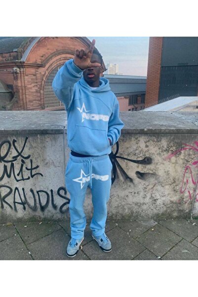 CLASSY.MODA Unisex Hooded Tracksuit Set'Nores Star' Printed Oversized 3 Thread Ş Fleece-Lined Kangaroo Pocket