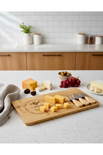 Berina home Bambu 3 Bıçaklı Peynir Sunum Tahtası - En Büyük Boy - Et Sunumluk...