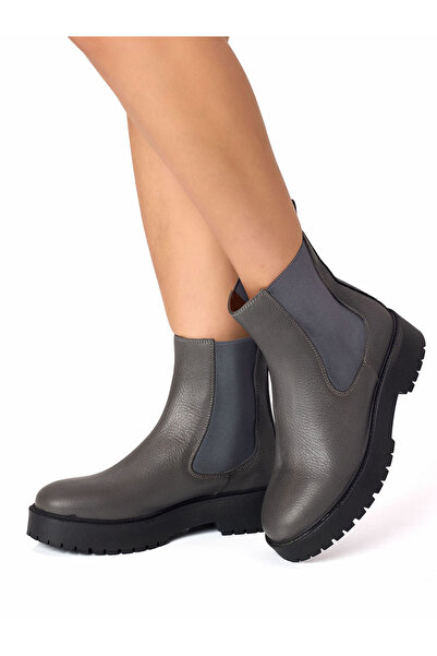 RUJO Gri Hakiki Deri Lastikli Chelsea Kadın Bot