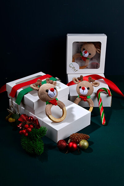 e&f Store Amigurumi Geyik Diş Kaşıyıcı Çıngırak ve Emzik Askısı Yılbaşı Seti
