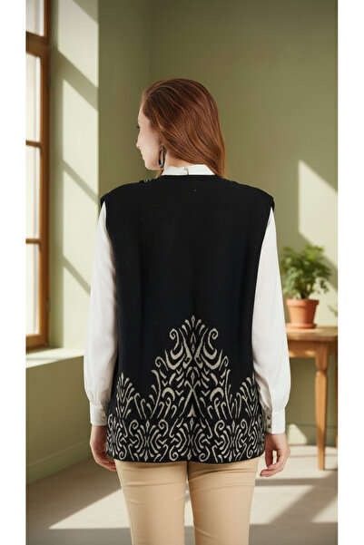 Uludağ Triko Jakar Pattern Black Cream Knitwear Vest + Shawl Gift