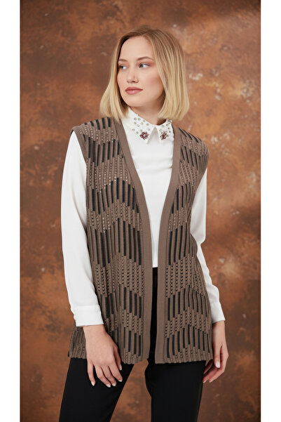 Uludağ Triko Zigzag Patterned Lace-Like Knit Knitwear Vest Mink + Shawl Gift