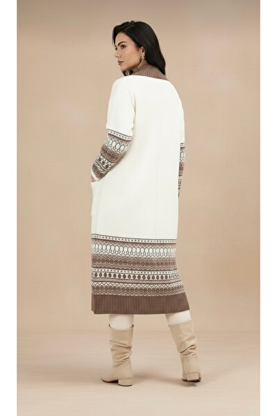 Uludağ Triko Shawl Collar Long Kimono Cardigan Ecru +Shawl Gift