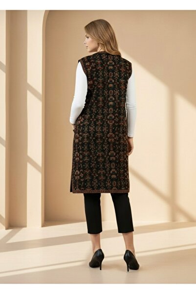 Uludağ Triko Floral Patterned Klim Vest Brown +Shawl Gift