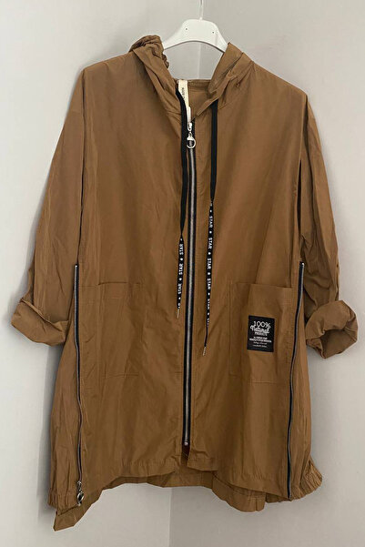 AYASOFYA OTANTIK Women's Italian Camel Hooded Raincoat Windbreaker with Pockets and Side Zipper That Can Be Tightened