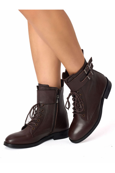 RUJO Καφέ γυναικείες μπότες από γνήσιο δέρμα με φερμουάρ και κορδόνια