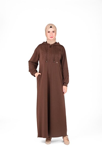 Beyza Καφέ φόρεμα με κουκούλα και κορδόνια 9449