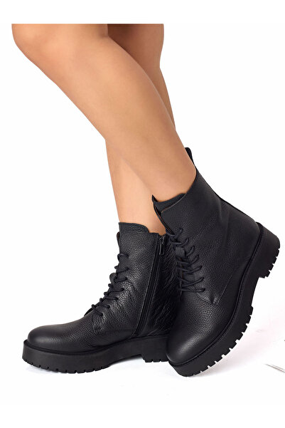 RUJO Cizme de damă din piele naturală, negre, cu șireturi și fermoar