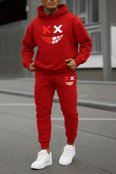 CLASSY.MODA Men's Hooded Tracksuit Set Smile Printed Oversized Kangaroo Pocket 3 Thread Raster