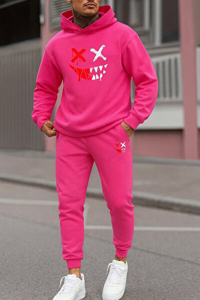 CLASSY.MODA Ανδρικό σετ αθλητικής φόρμας με κουκούλα Smile με τύπωμα oversized Kangaroo Pocket 3 Threaded Raised