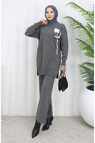 sefamerve Knitwear Floral Detailed Tunic Trousers Double Set 1037-08 Gray