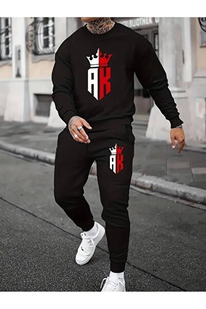 CLASSY.MODA طقم رياضي رجالي مكون من مبطن بالصوف خيوط AK Crown B مطبوع O قصة ف...