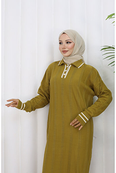 sefamerve Knitted polo neck buttoned dress 1135-01 olive green